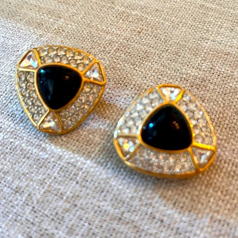 Vintage SAL Swarovski Crystal Gold and Black Clip On Earrings